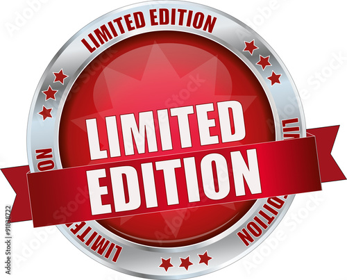 LIMITED EDITION / realistic modern round glossy 3D vector eps10 button ( icon / badge / tag ) in dark red with metallic border and a red banderole