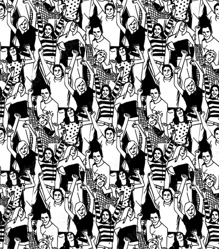 Crowd active happy people seamless black pattern