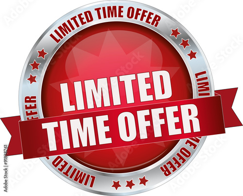 LIMITED TIME OFFER / realistic modern round glossy 3D vector eps10 button ( icon / badge / tag ) in dark red with metallic border and a red banderole