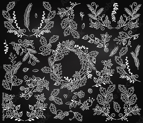 Vector Collection of Chalkboard Autumn and Thanksgiving Themed Floral Elements or Laurels