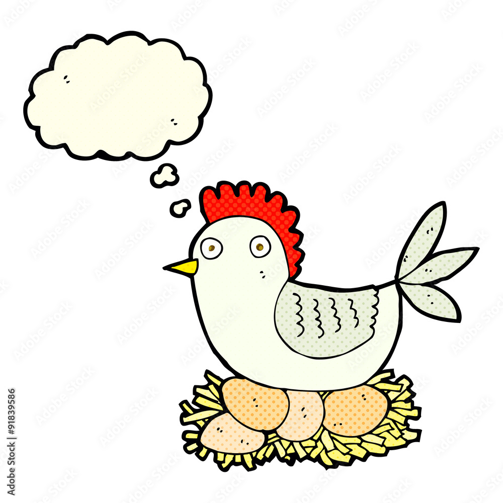 cartoon hen on eggs with thought bubble cartoon hen on eggs with thought bubble