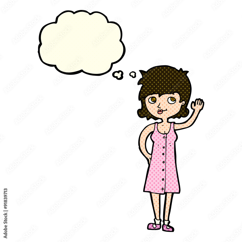 cartoon pretty woman waving with thought bubble