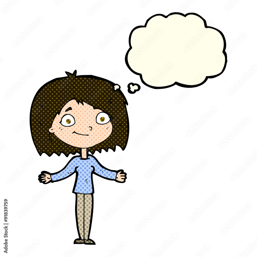 cartoon woman shrugging shoulders with thought bubble cartoon woman shrugging shoulders with thought bubble