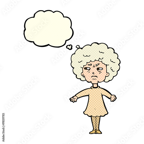 cartoon bitter old woman with thought bubble