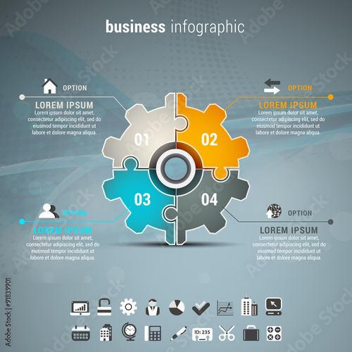 Business infographic with gear made of puzzle.