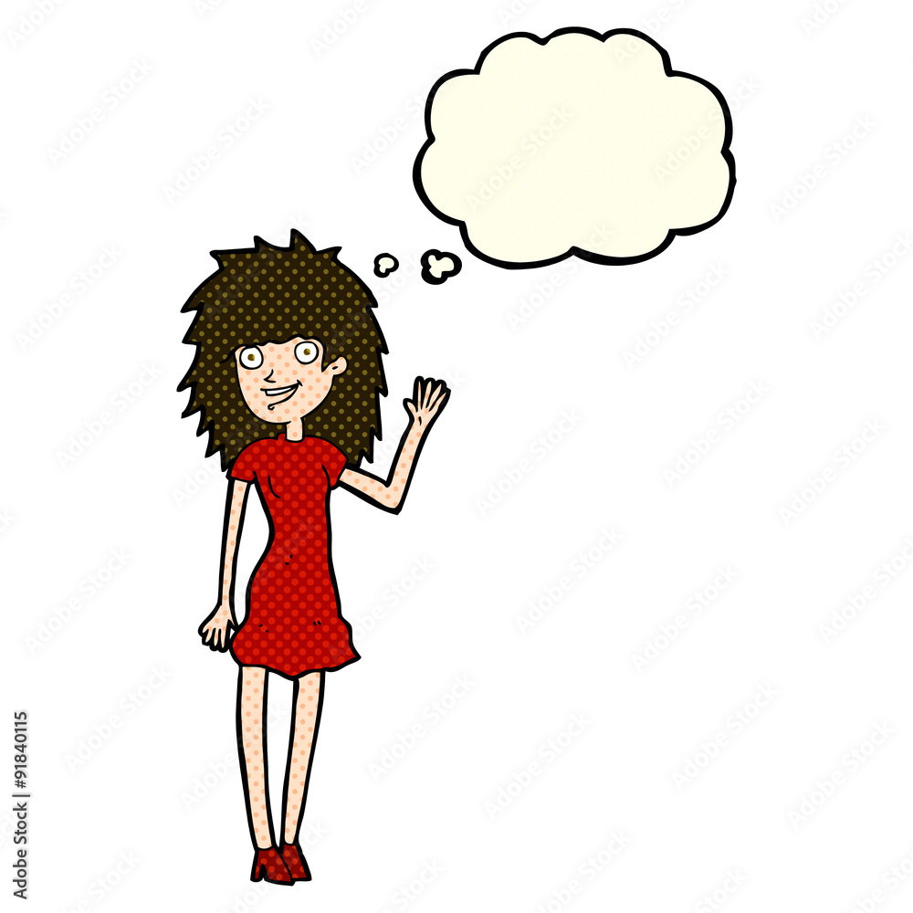 cartoon happy woman waving with thought bubble cartoon happy woman waving with thought bubble
