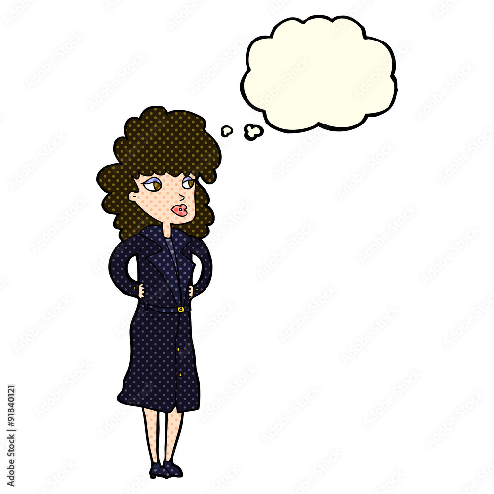 cartoon woman in trench coat with thought bubble cartoon woman in trench coat with thought bubble