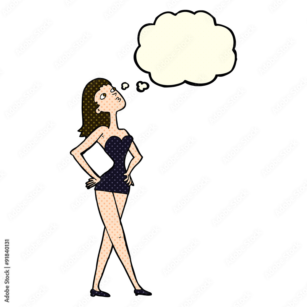 cartoon woman in party dress with thought bubble cartoon woman in party dress with thought bubble