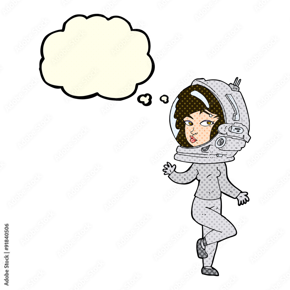 cartoon woman wearing space helmet with thought bubble