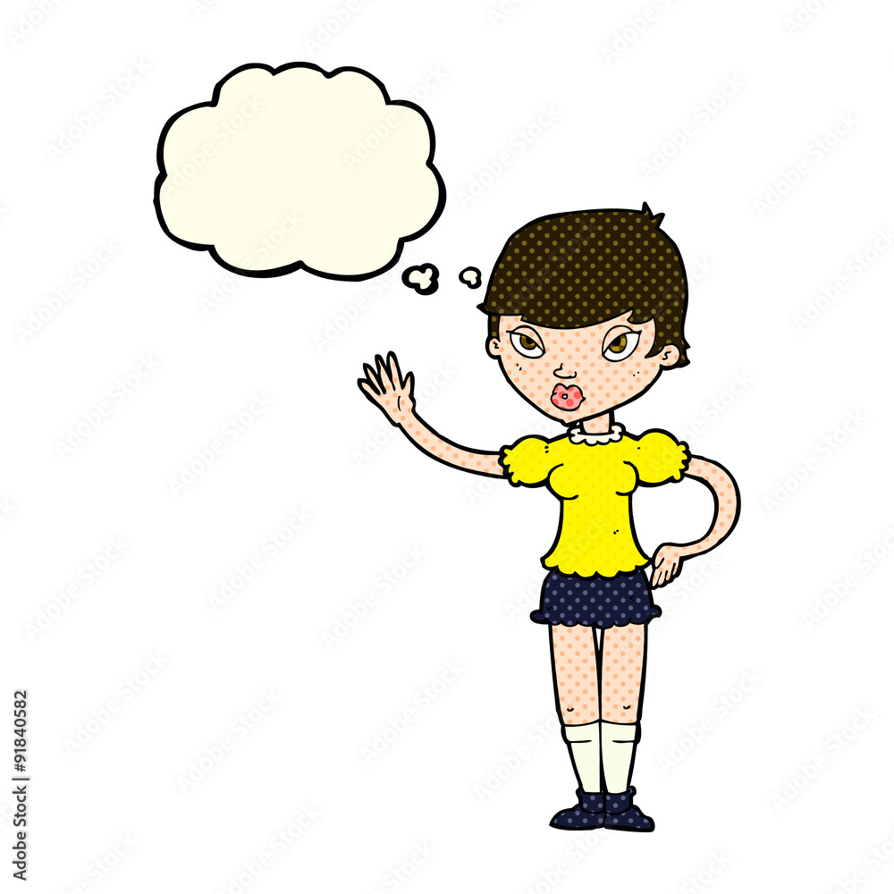 cartoon woman waving with thought bubble cartoon woman waving with thought bubble