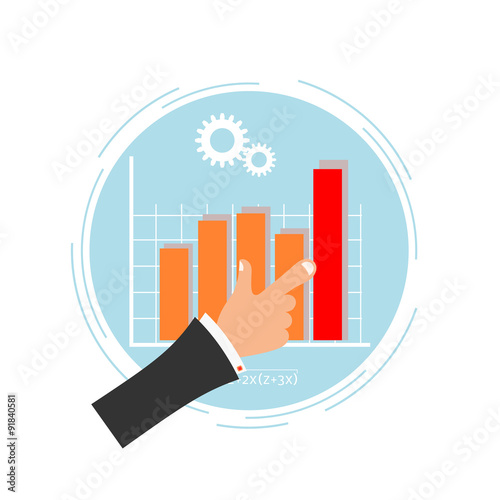 Bright blue background with a chart and the hand of man. Busines