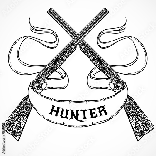 Hand drawn retro shotgun and ribbon in vintage style with a slogan "hunter". Ornate detailed tattoo design element. Vector illustration isolated. Cards, t-shirts, scrap-booking, print concept art.