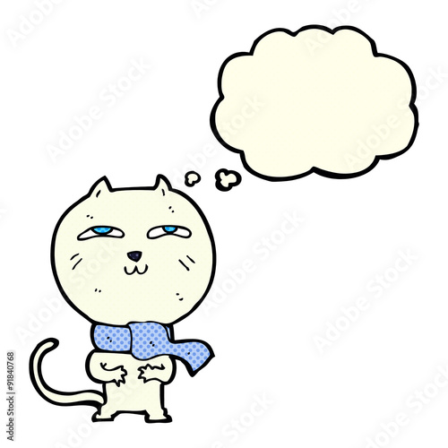 cartoon funny cat wearing scarf with thought bubble