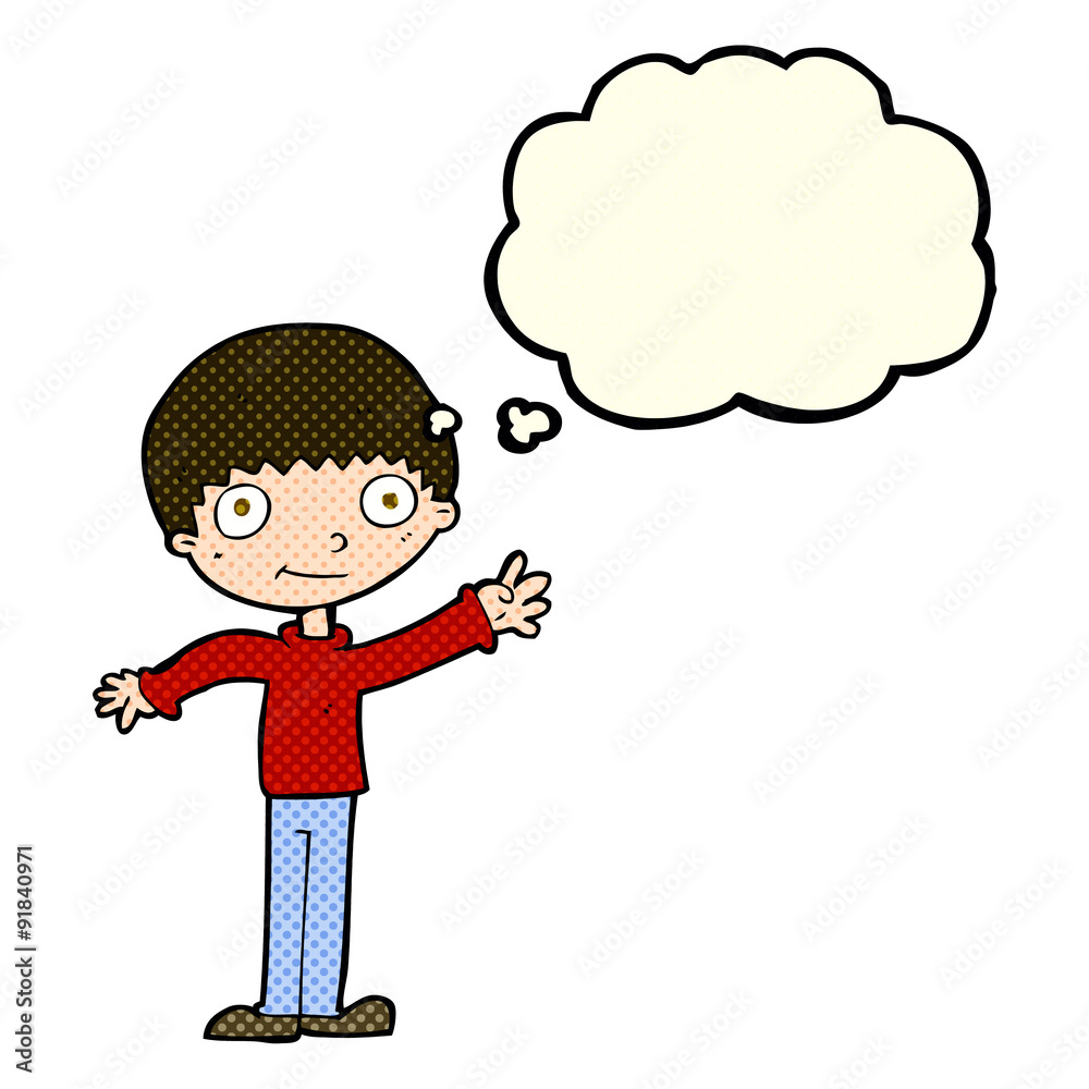 cartoon happy waving boy with thought bubble cartoon happy waving boy with thought bubble