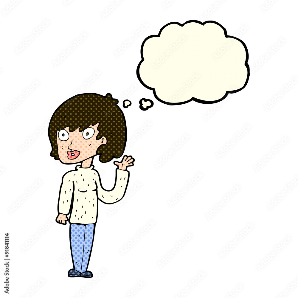 cartoon waving woman with thought bubble cartoon waving woman with thought bubble