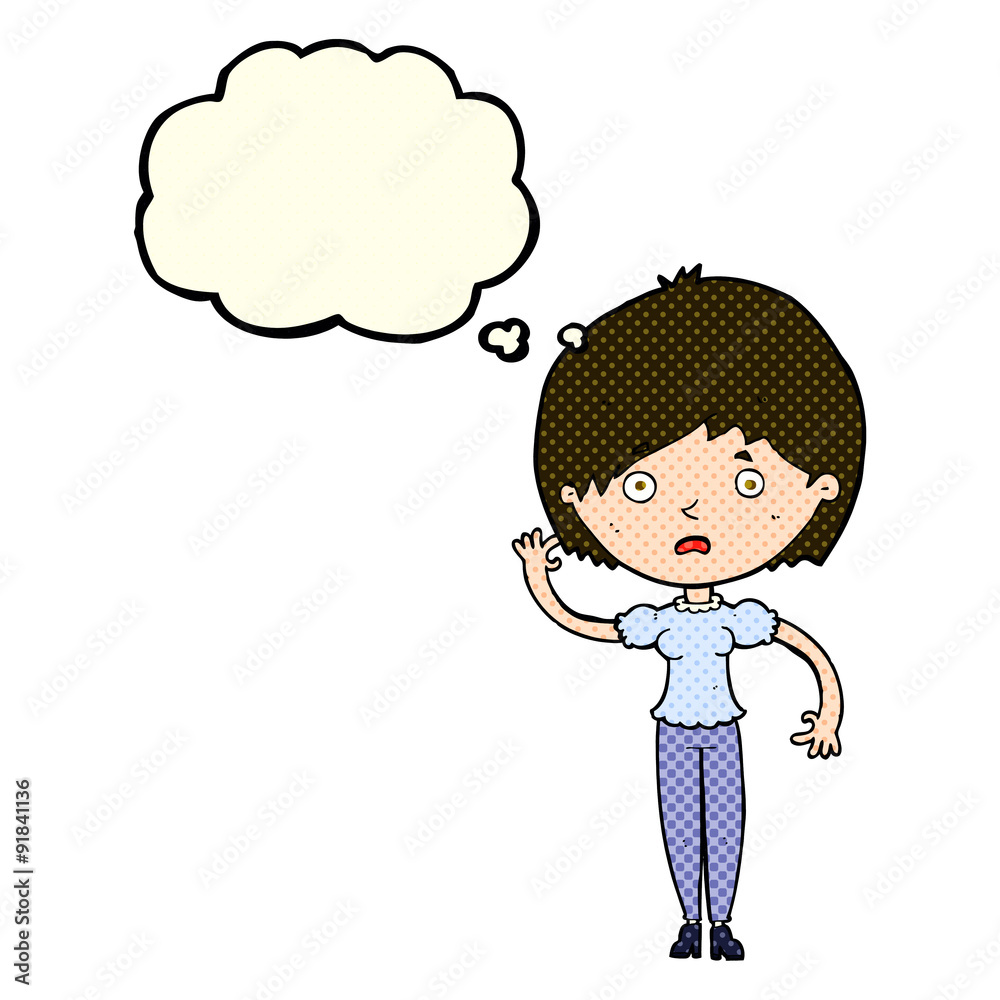 cartoon waving woman with thought bubble cartoon waving woman with thought bubble