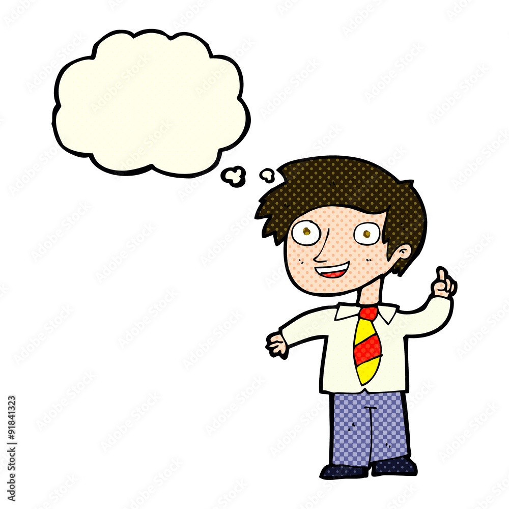 cartoon school boy with idea with thought bubble cartoon school boy with idea with thought bubble