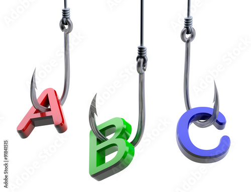 Canvas Print letters A,B,C caughts on a fish hooks