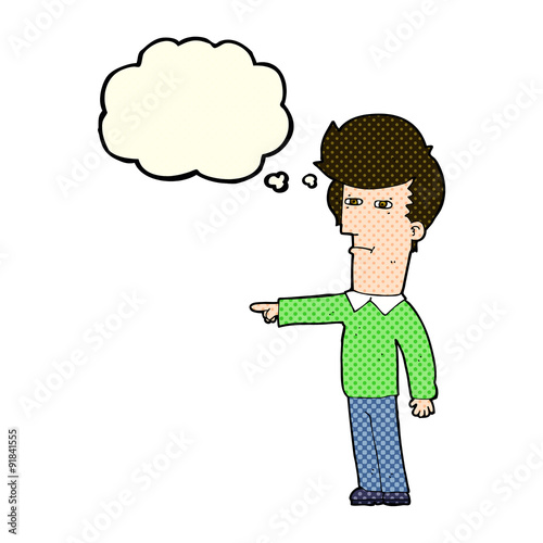 cartoon man blaming with thought bubble