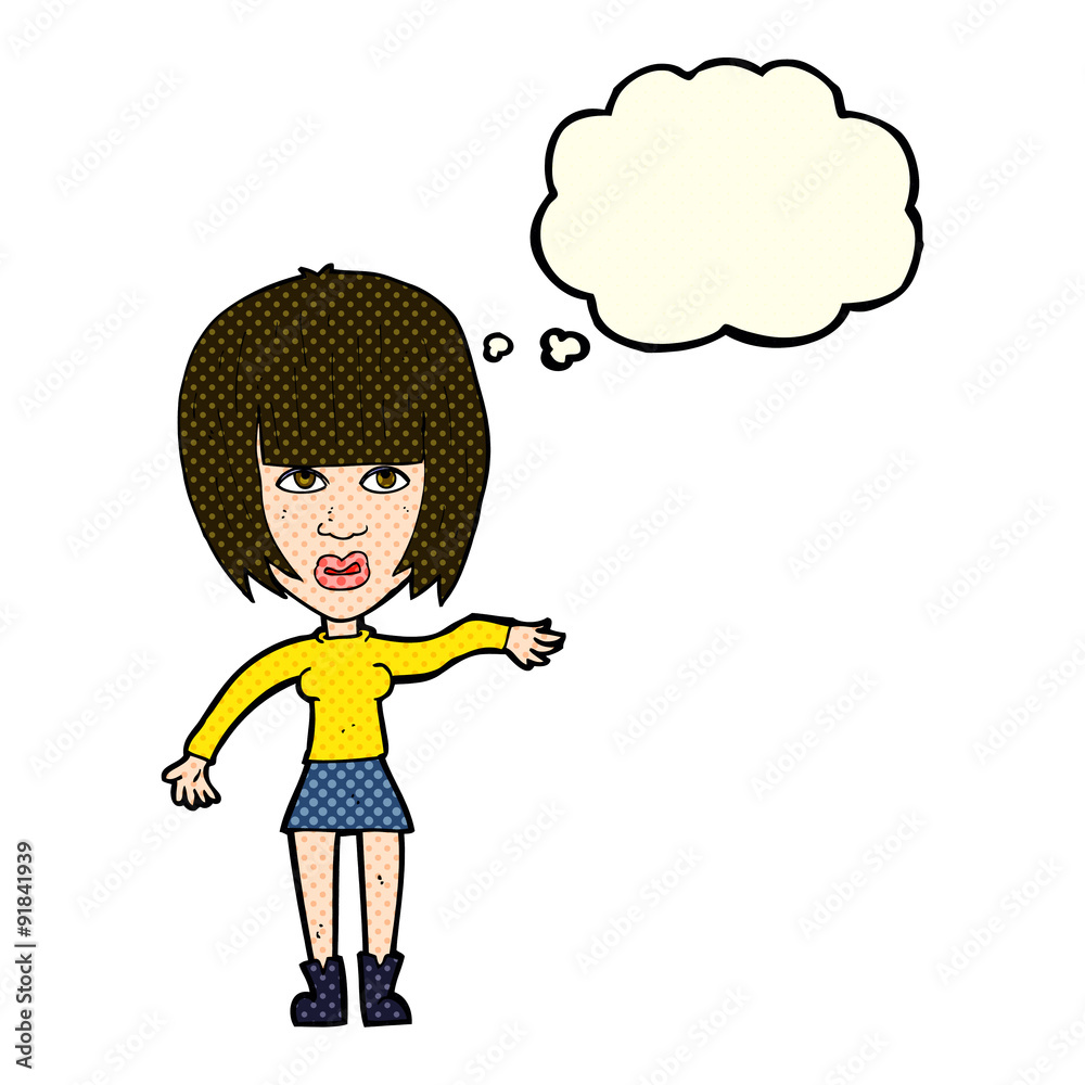 cartoon woman waving away with thought bubble cartoon woman waving away with thought bubble