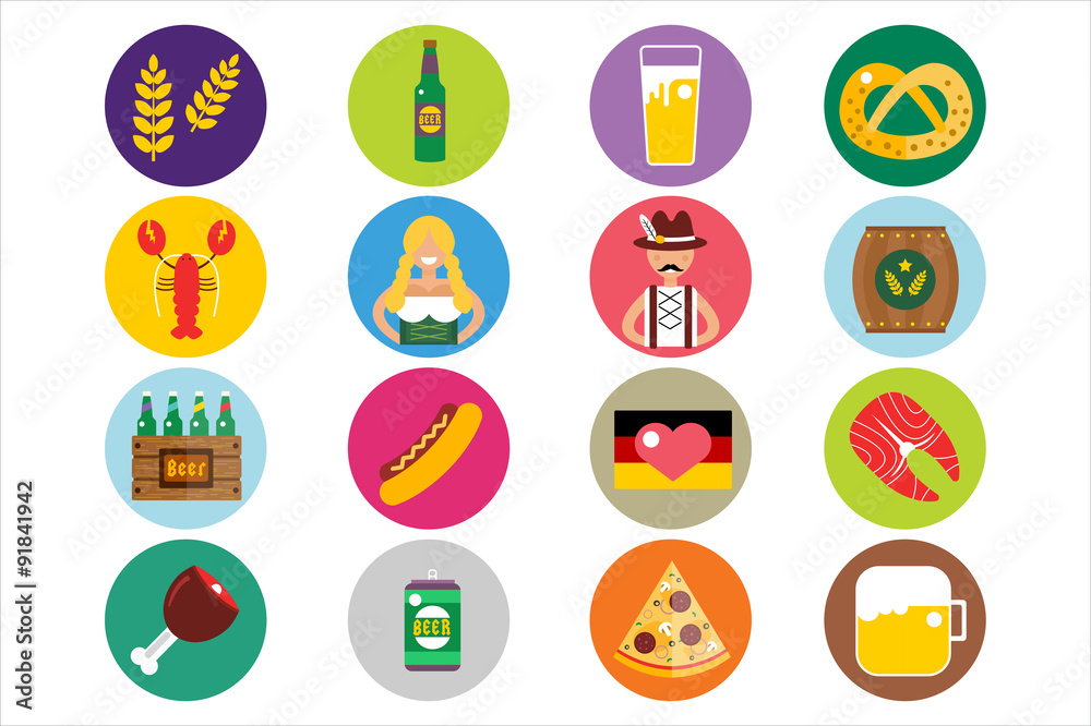 Set of flat Oktoberfest vector icons. Bottle Beer, Food and Set of flat Oktoberfest vector icons. Bottle Beer, Food and