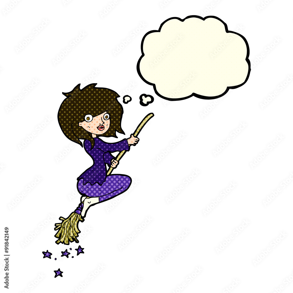 cartoon witch riding broomstick with thought bubble cartoon witch riding broomstick with thought bubble