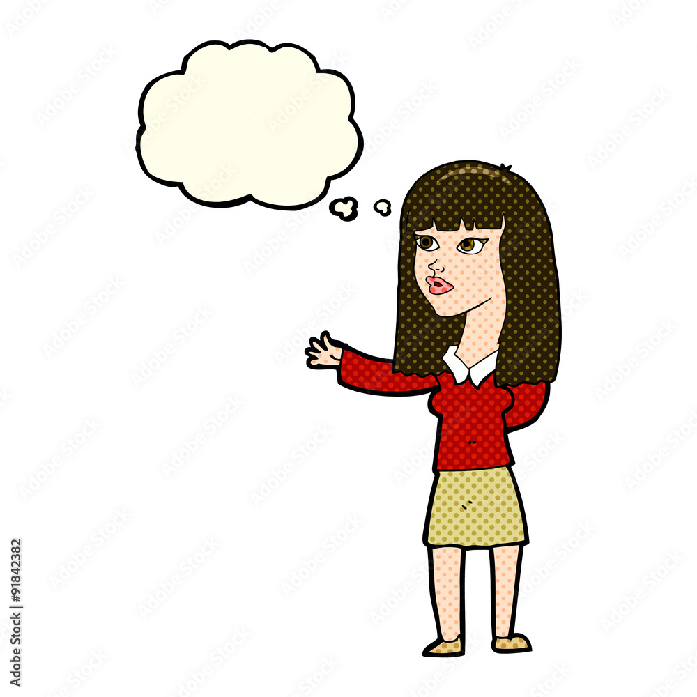 cartoon woman gesturing to show something with thought bubble cartoon woman gesturing to show something with thought bubble