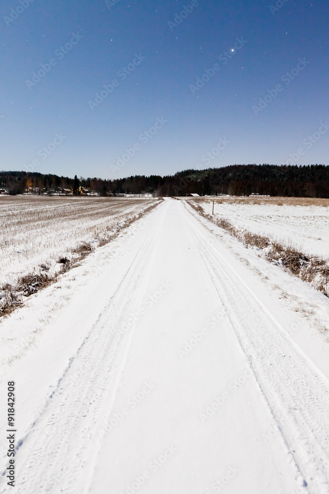 Long snowy road and clear starry sky in moon light Long snowy road and clear starry sky in moon light