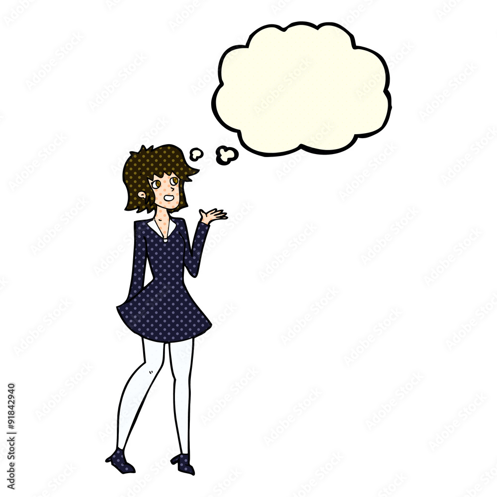 cartoon pretty woman in dress with thought bubble cartoon pretty woman in dress with thought bubble