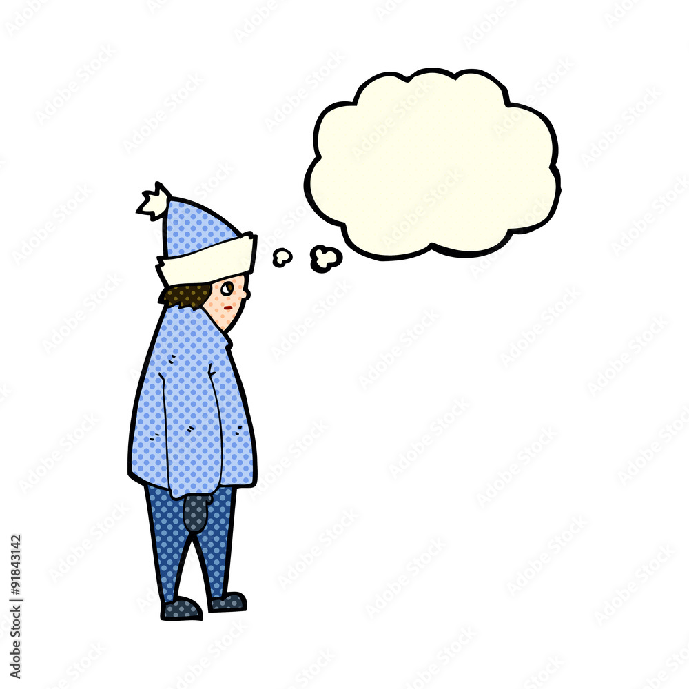 cartoon person in winter clothes with thought bubble cartoon person in winter clothes with thought bubble