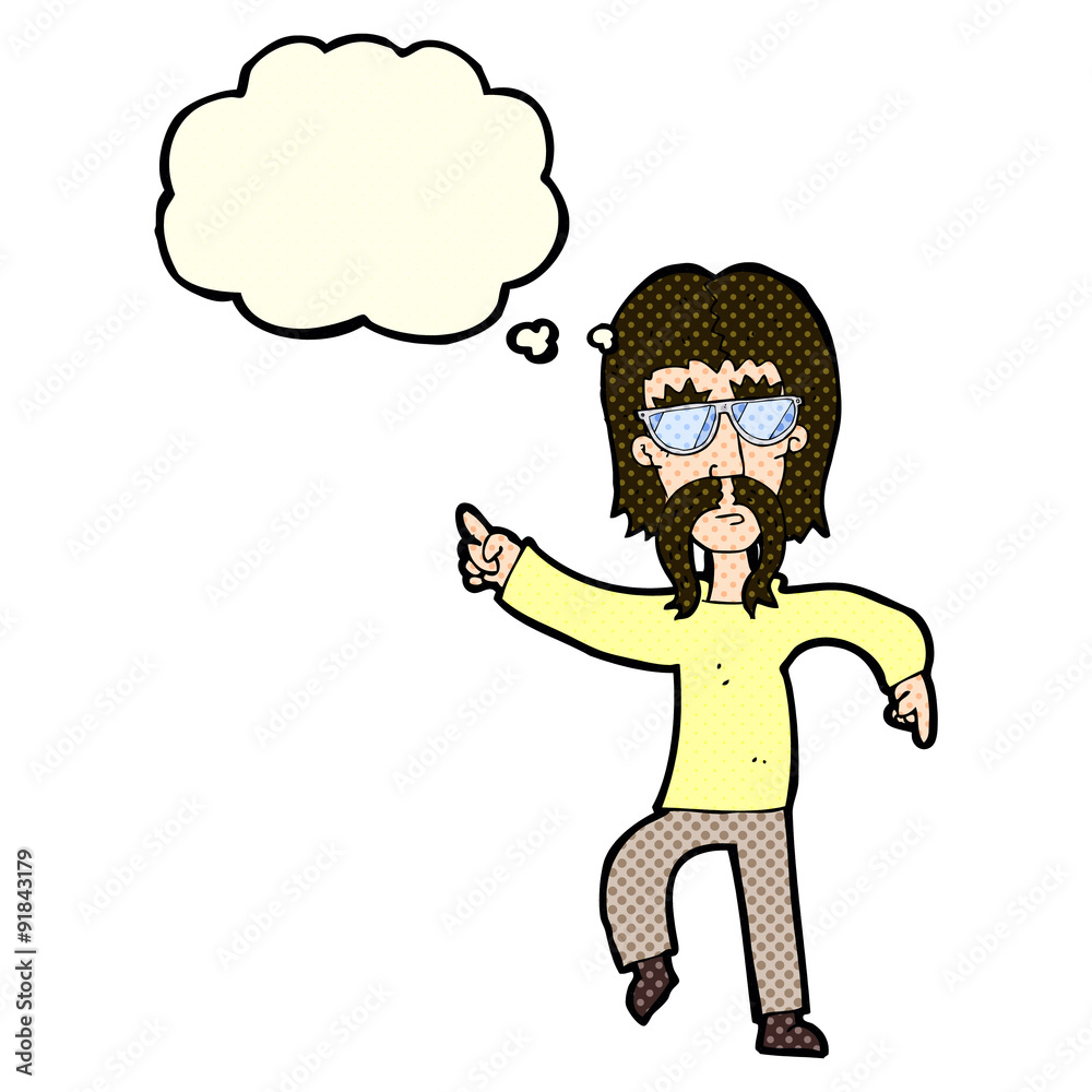 cartoon hippie man wearing glasses with thought bubble