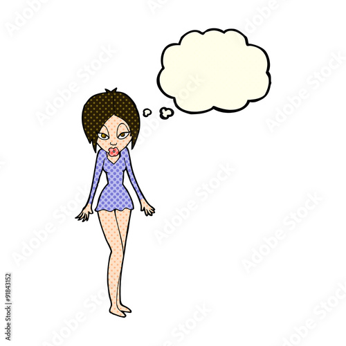 cartoon woman in short dress with thought bubble