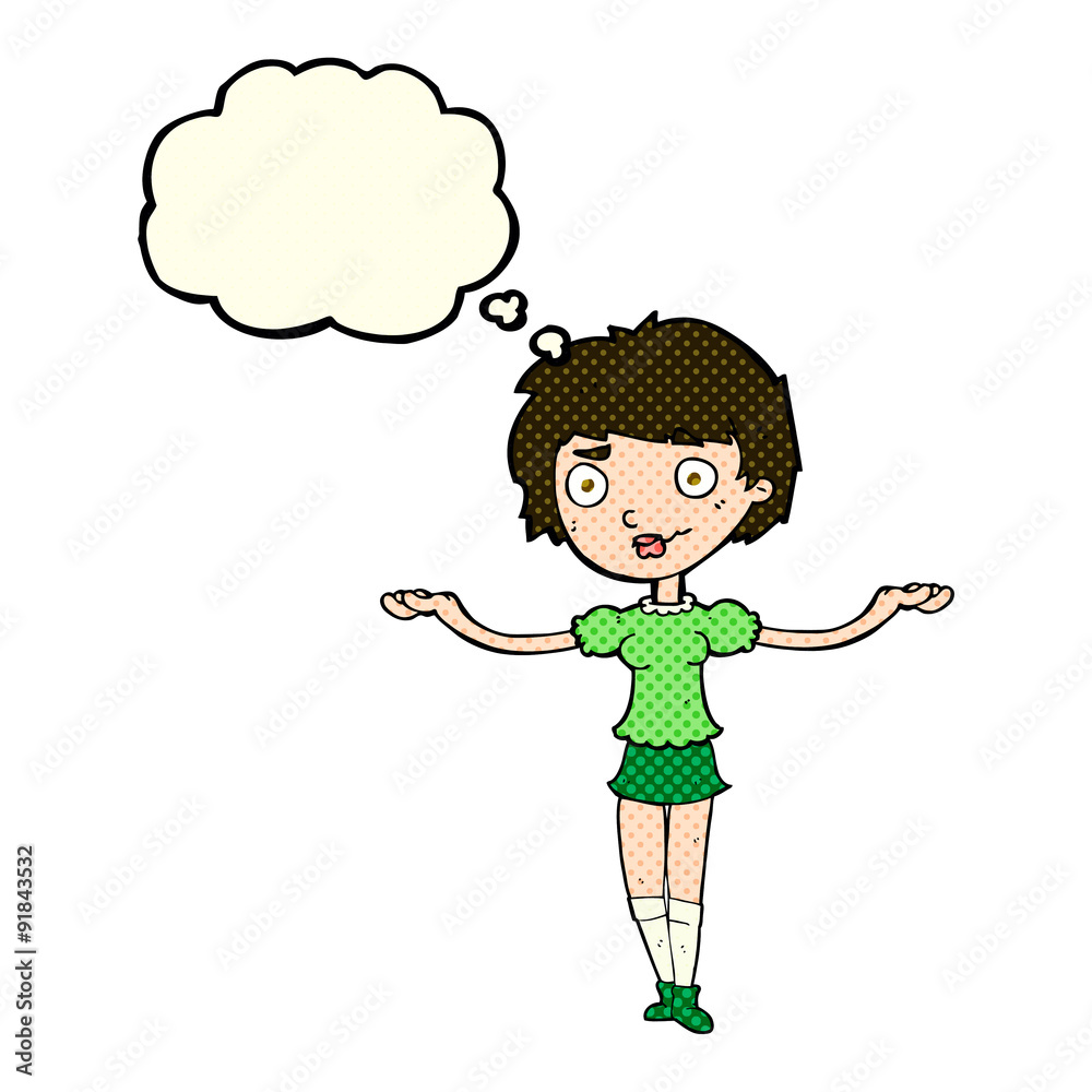 cartoon woman spreading arms with thought bubble cartoon woman spreading arms with thought bubble