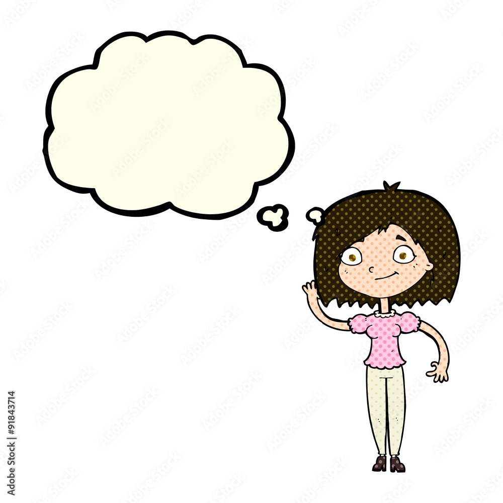 cartoon woman waving with thought bubble cartoon woman waving with thought bubble