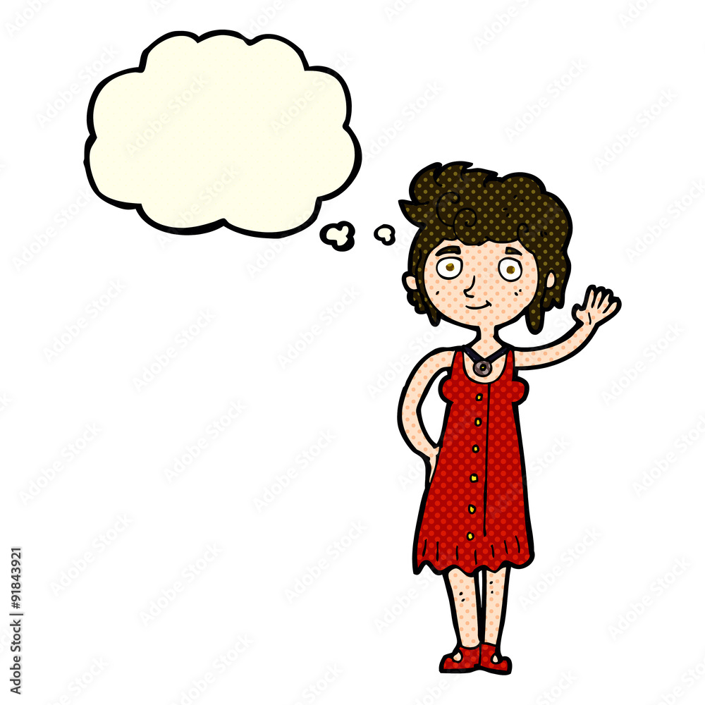 cartoon hippie woman waving with thought bubble cartoon hippie woman waving with thought bubble