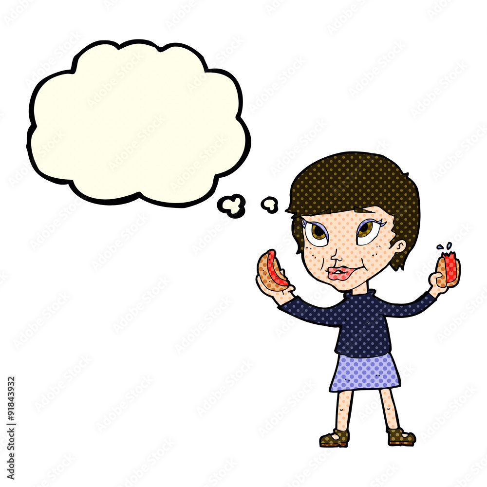 cartoon woman eating hotdogs with thought bubble cartoon woman eating hotdogs with thought bubble
