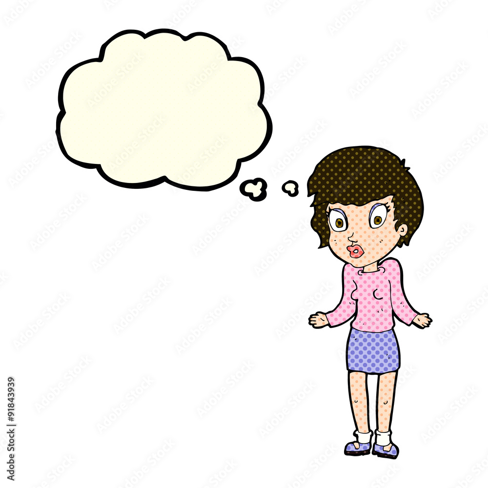 cartoon woman shrugging shoulders with thought bubble cartoon woman shrugging shoulders with thought bubble