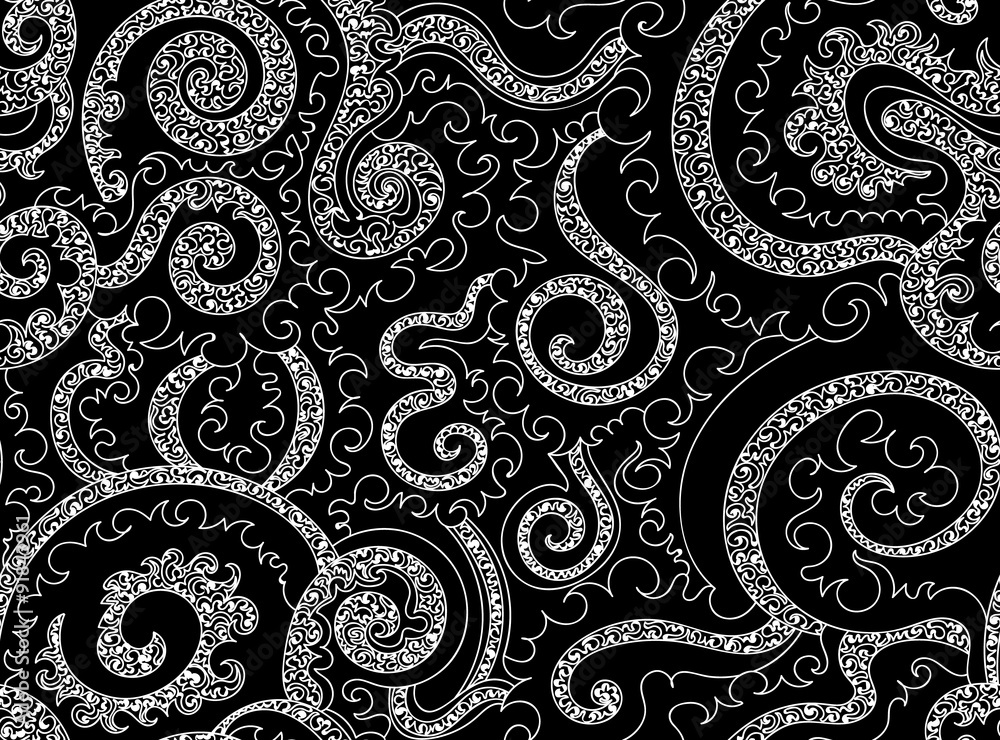 Abstract vector seamless pattern with ornamental curling lines and doodles. Endless decorative texture