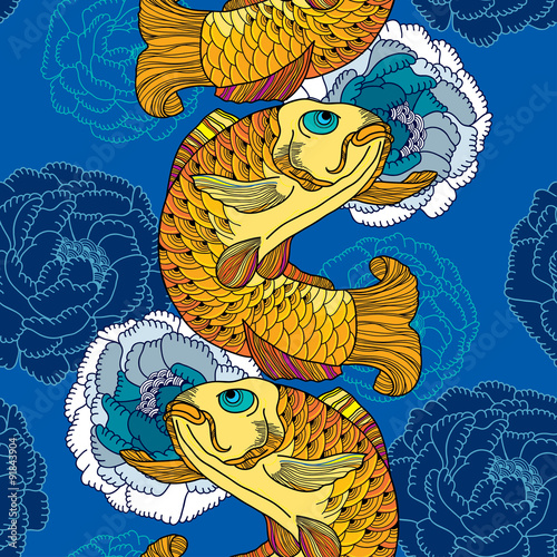 Seamless pattern with carp koi in gold and chrysanthemum