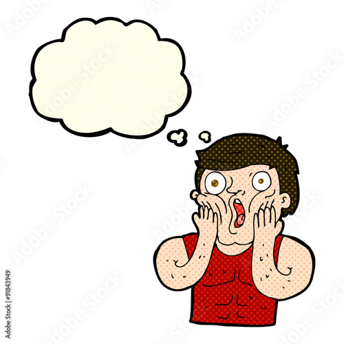 cartoon shocked gym man with thought bubble