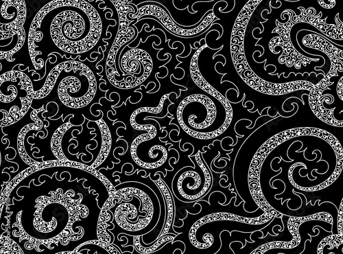 Abstract vector seamless pattern with ornamental curling lines and doodles. Endless decorative texture
