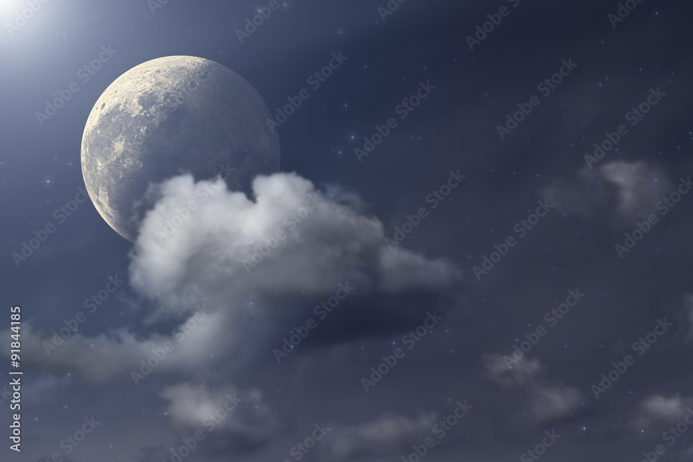 Clouds, Moon and stars. 