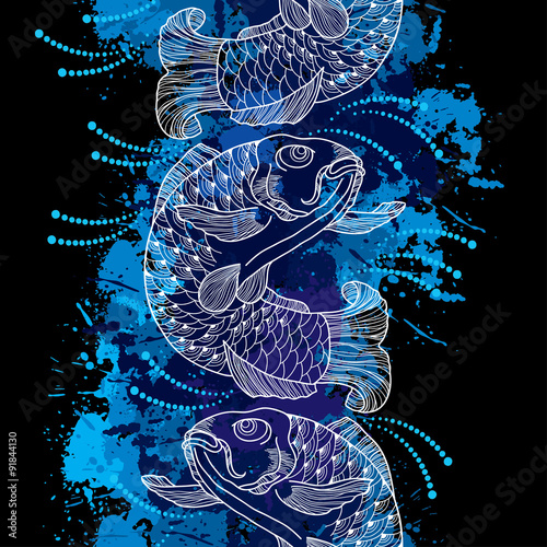 Seamless pattern with carp koi in white and blue blots