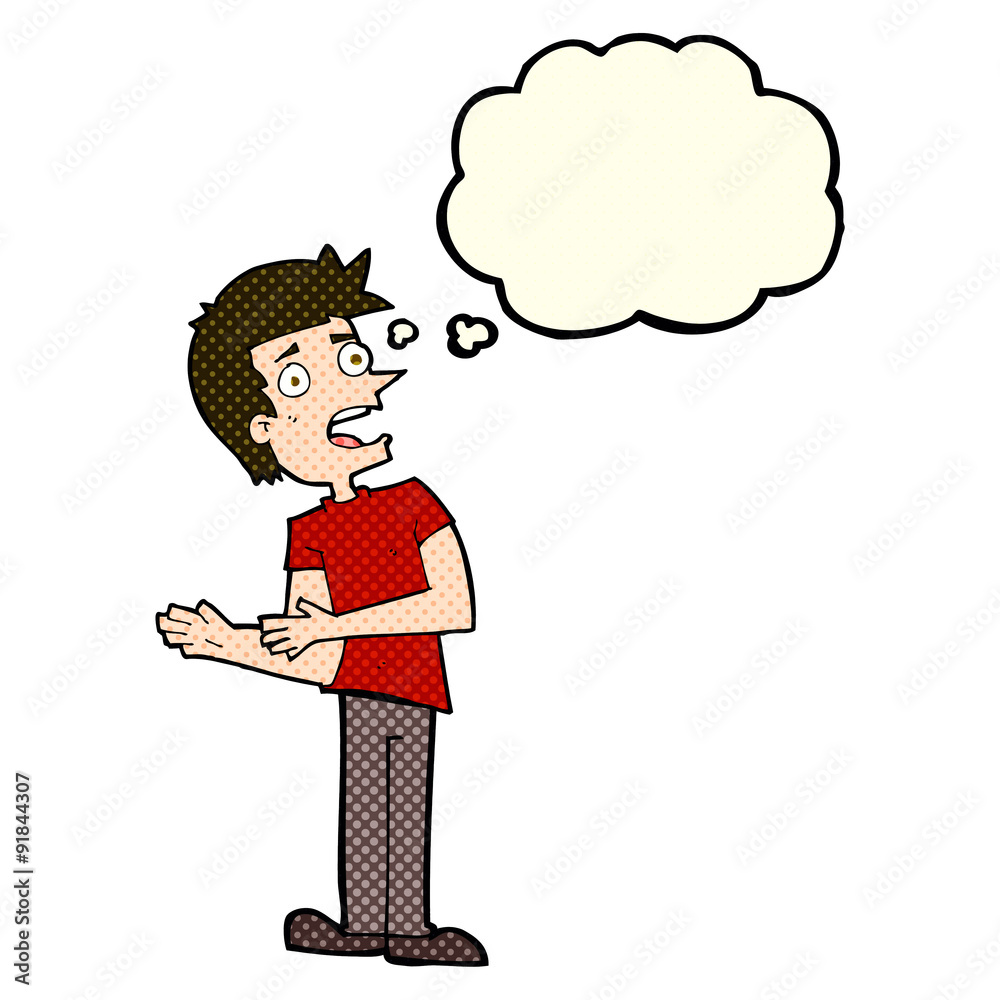 cartoon man making excuses with thought bubble cartoon man making excuses with thought bubble