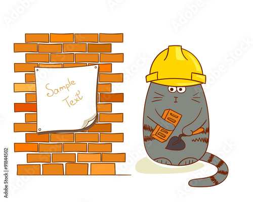Cartoon cat builder near brick wall. Funny construction worker isolated on white. Bricklayer vector illustration.