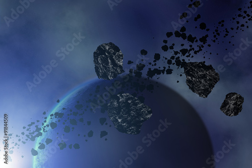 Fototapeta Naklejka Na Ścianę i Meble -  Asteroids and Earth on a starry background. Digital illustration. 
