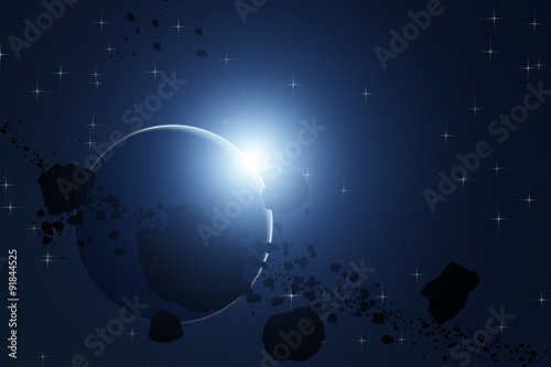 Fototapeta Naklejka Na Ścianę i Meble -  Asteroids and Earth on a starry background. Digital illustration. 