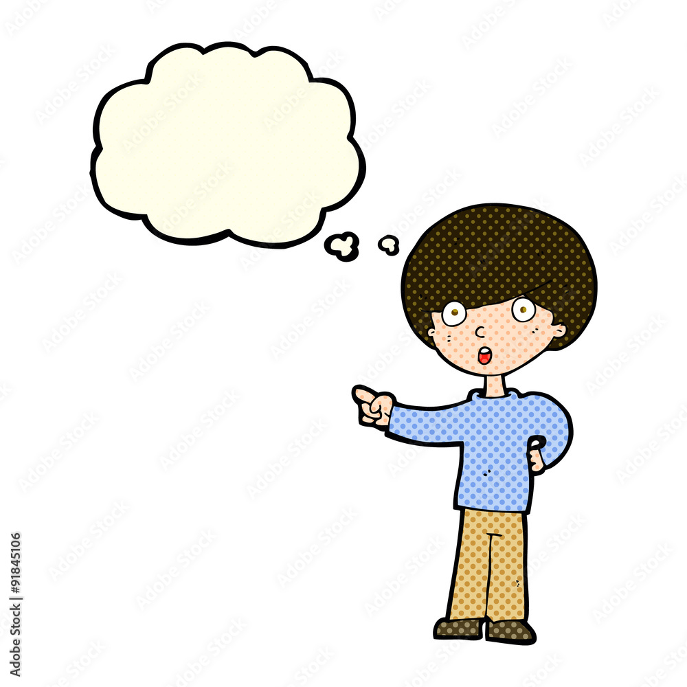 cartoon pointing boy with thought bubble cartoon pointing boy with thought bubble