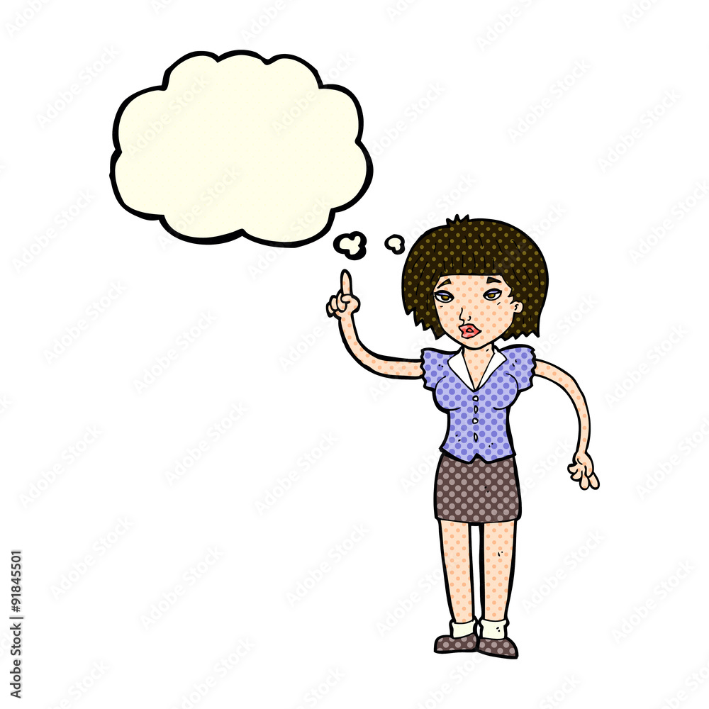 cartoon woman with idea with thought bubble cartoon woman with idea with thought bubble
