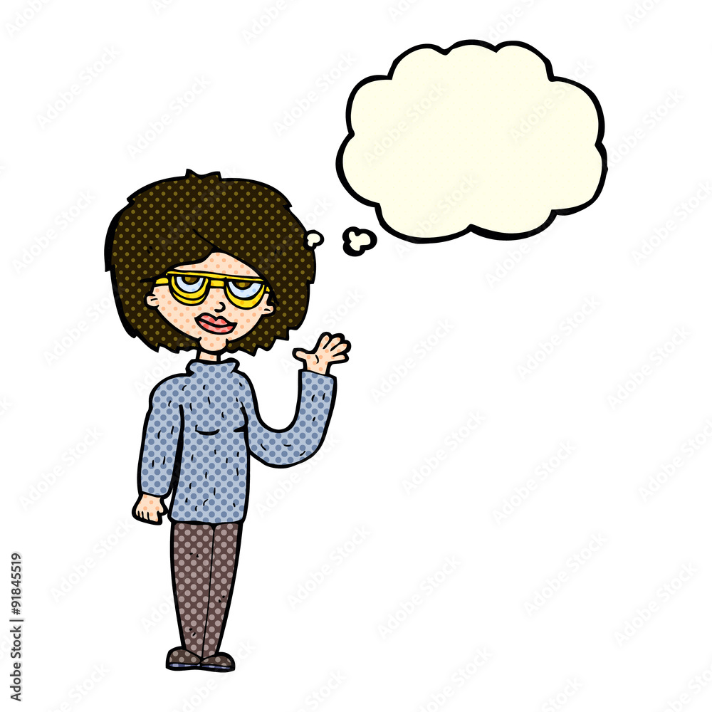 cartoon woman waving with thought bubble cartoon woman waving with thought bubble